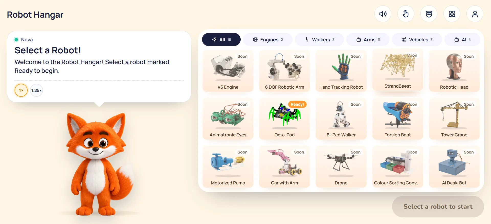 The Robot Hangar in the LMS: 15 robot models in category tabs, with the Octa-Pod marked Ready and Nova asking the learner to select a robot